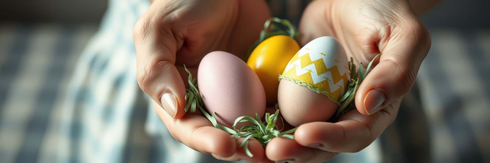 Colorful Easter eggs held in hands surrounded by green leaves during spring festival preparations